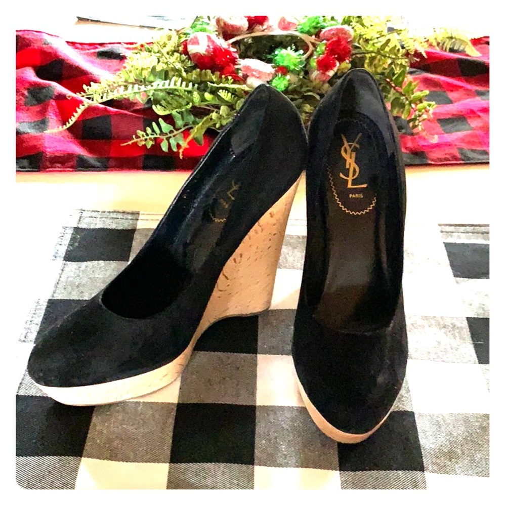 Yves Saint Laurent Black Suede Wedges with Cream Platform